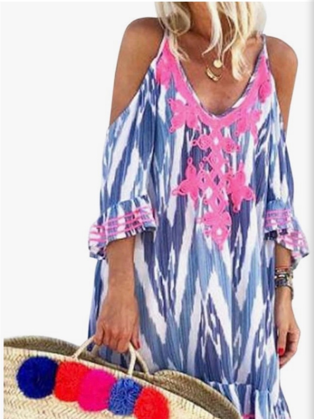 Cold-Shoulder cover up Dress with Pink Embroidery